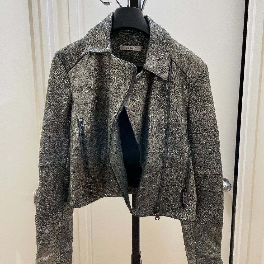 J Brand Aiah Metallic Platinum/Silver Leather Motorcycle Jacket